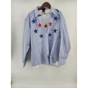 Las Olas Womens XL Blue White Striped Star Embroidered Button Down Shirt Jerzees